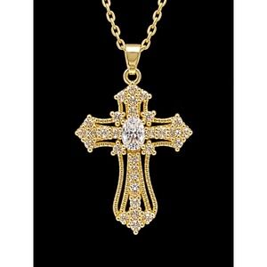 New Gold Tone Cross Pendant Necklace Clear Sparkling Accents Adjustable Chain